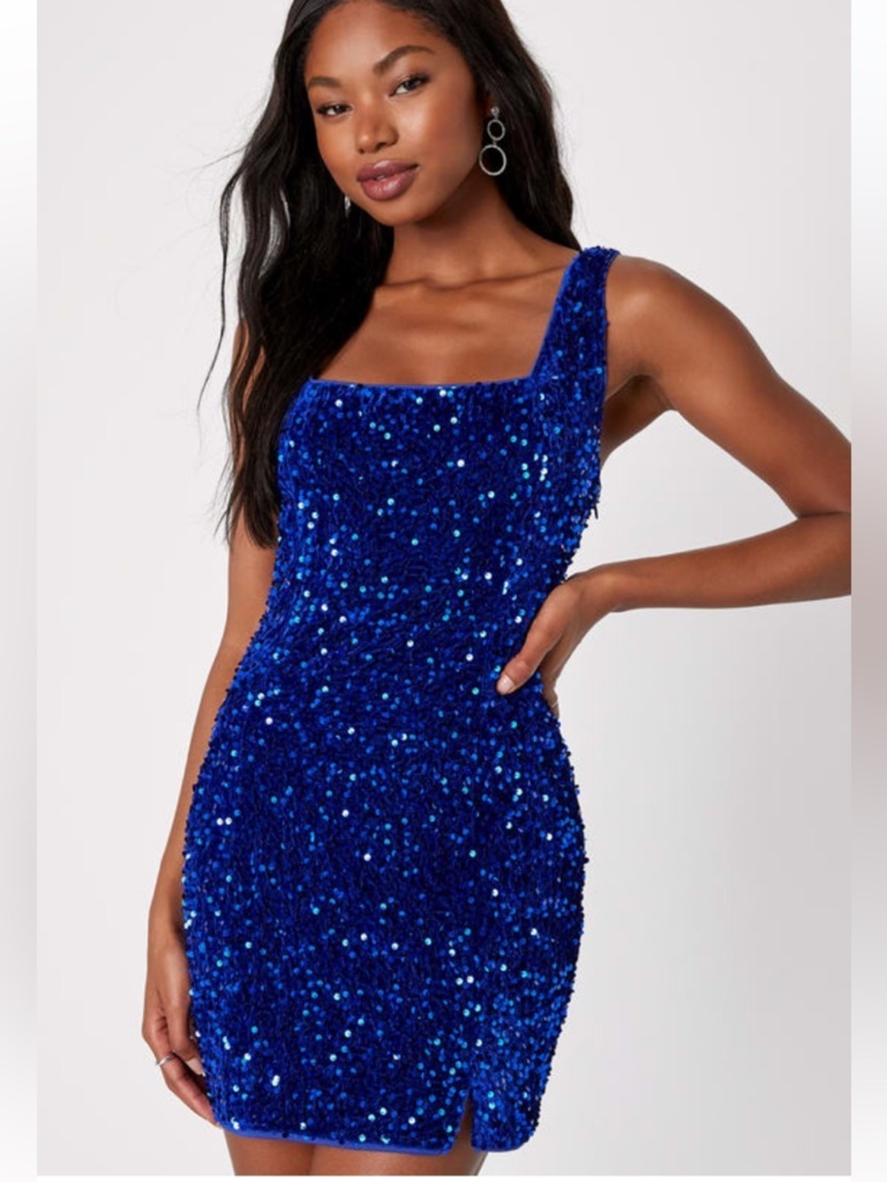 Lulus Seeing Sparkles Royal Blue Velvet Sequin Square Neck Mini Dress NWT M